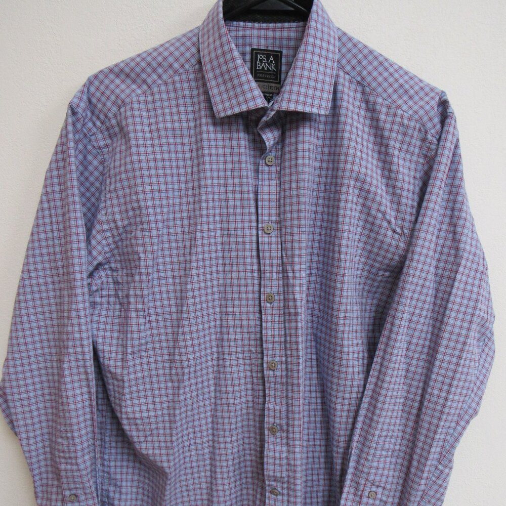 Jos A Bank Traveler Travel Tech Blue/Red Check Long Sleeve Button-Up Shirt Large